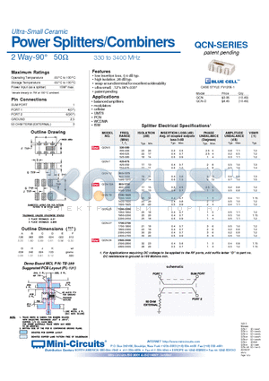 QCN-7 datasheet - Ultra-Small Ceramic Power Splitters/Combiners 2 Way-90` 50 330 to 3400 MHz