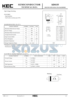 KDS135 datasheet - SILICON EPITAXIAL PLANAR DIODE (HIGH VOLTAGE SWITCHING)