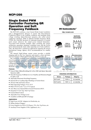 NCP1205P2 datasheet - Single Ended PWM Controller Featuring QR Operation and Soft Frequency Foldback