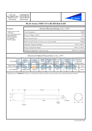 PL16-WCR12 datasheet - 5MM T1n Hi-Eff Red LED