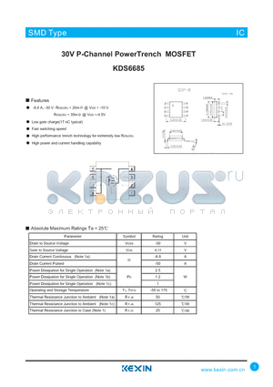 KDS6685 datasheet - 30V P-Channel PowerTrench MOSFET