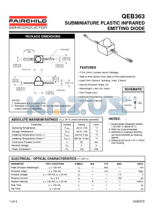 QEB363 datasheet - SUBMINIATURE PLASTIC INFRARED EMITTING DIODE