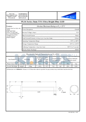 PL16C-WCB20Z datasheet - 5mm T1n Ultra Bright Blue LED