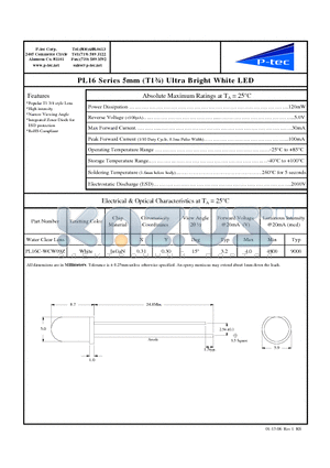 PL16C-WCW09Z datasheet - 5mm (T1n) Ultra Bright White LED