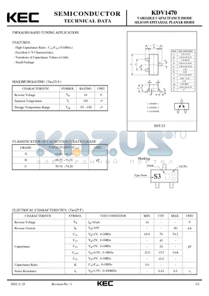 KDV1470 datasheet - VARIABLE CAPACITANCE DIODE SILICON EPITAXIAL PLANAR DIODE