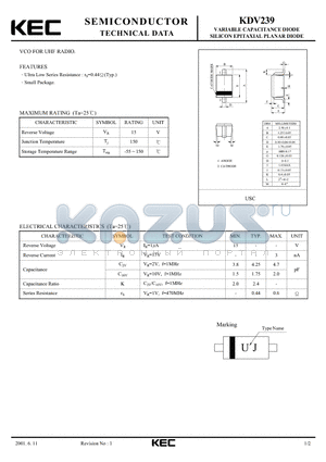 KDV239 datasheet - VARIABLE CAPACITANCE DIODE SILICON EPITAXIAL PLANAR DIODE(VCO FOR UHF RADIO)