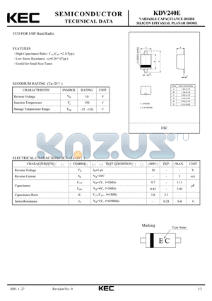 KDV240E datasheet - VARIABLE CAPACITANCE DIODE SILICON EPITAXIAL PLANAR DIODE(VCO FOR UHF RADIO)