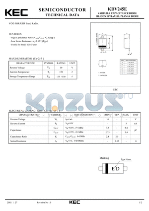 KDV245E datasheet - VARIABLE CAPACITANCE DIODE SILICON EPITAXIAL PLANAR DIODE(VCO FOR UHF BAND RADIO)