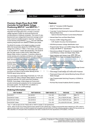 ISL6218 datasheet - Precision Single-Phase Buck PWM Controller for Intel Mobile Voltage Positioning IMVP-IV and IMVP-IV