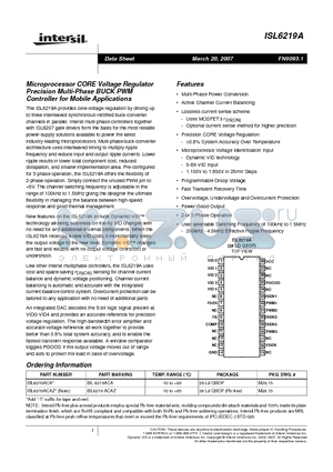 ISL6219ACA datasheet - Microprocessor CORE Voltage Regulator Precision Multi-Phase BUCK PWM Controller for Mobile Applications