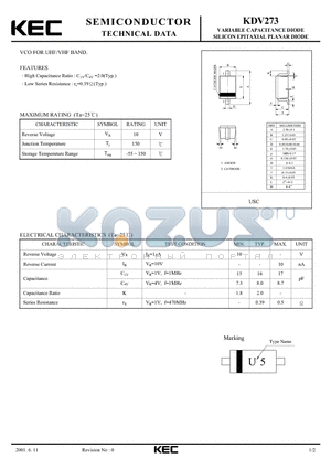 KDV273 datasheet - VARIABLE CAPACITANCE DIODE SILICON EPITAXIAL PLANAR DIODE(VCO FOR UHF/VHF BAND)