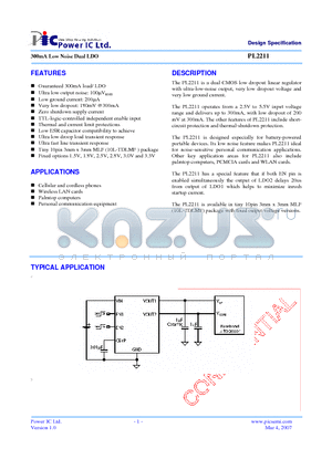 PL2211-18VZ datasheet - 300mA Low Noise Dual LDO