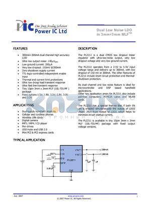 PL2211-15UZ datasheet - Dual Low Noise LDO in 3mm3mm MLF