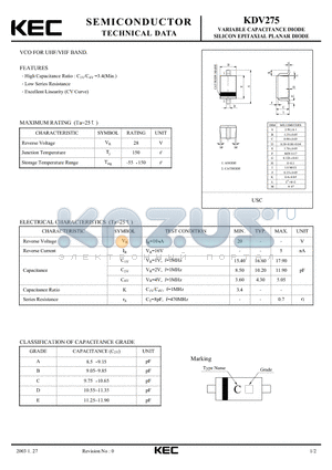 KDV275 datasheet - VARIABLE CAPACITANCE DIODE SILICON EPITAXIAL PLANAR DIODE(VCO FOR UHF/VHF BAND)