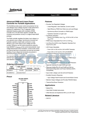 ISL6226EVAL1 datasheet - Advanced PWM and Linear Power Controller for Portable Applications