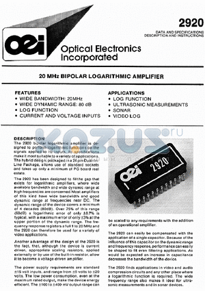 OEI2920 datasheet - 20 MHz BIPOLAR LOGARITHMIC AMPLIFIER