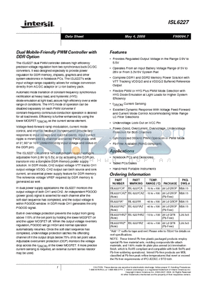 ISL6227IRZ datasheet - Dual Mobile-Friendly PWM Controller with DDR Option