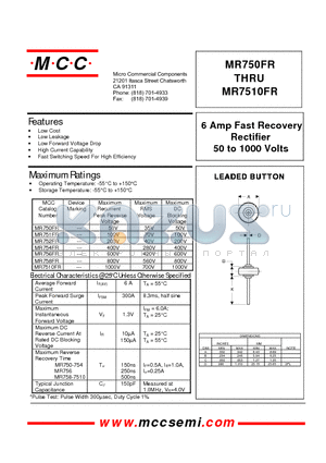 MR754FR datasheet - 6 Amp Fast Recovery Rectifier 50 to 1000 Volts