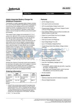 ISL6253HRZ datasheet - Highly Integrated Battery Charger for Notebook Computers