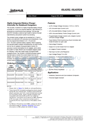 ISL6252AHRZ datasheet - Highly Integrated Battery Charger Controller for Notebook Computers