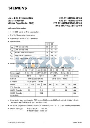 HYB3116405BT-60 datasheet - 4M x 4-Bit Dynamic RAM 2k & 4k Refresh