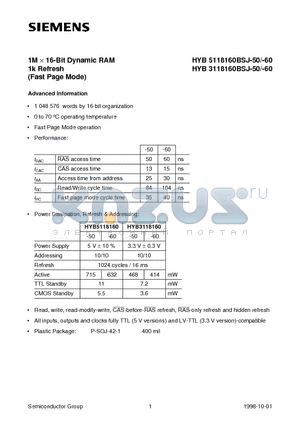 HYB3118160BSJ-50 datasheet - 1M x 16-Bit Dynamic RAM 1k Refresh