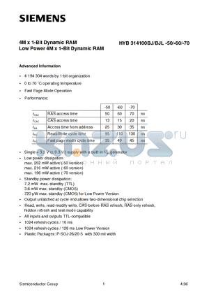 HYB314100BJL-60 datasheet - 4M x 1-Bit Dynamic RAM Low Power 4M x 1-Bit Dynamic RAM