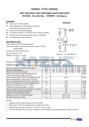 MR850 datasheet - SOFT RECOVERU, FAST SWITCHING PLASTIC RECTIFIER(VOLTAGE - 50 to 600 Volts CURRENT - 3.0 Amperes)