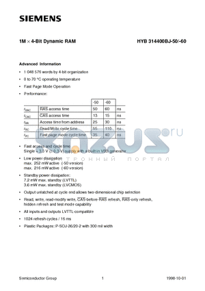 HYB314400BJ-50 datasheet - 1M x 4-Bit Dynamic RAM