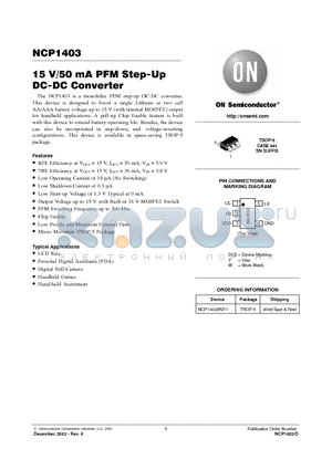 NCP1403 datasheet - 15 V/50 mA PFM Step-Up DC-DC Converter