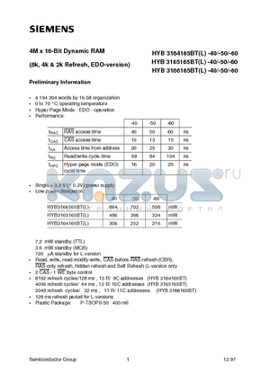 HYB3164165BT datasheet - 4M x 16-Bit Dynamic RAM