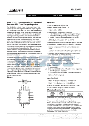 ISL62873HRUZ-T datasheet - PWM DC/DC Controller with VID Inputs for Portable GPU Core-Voltage Regulator