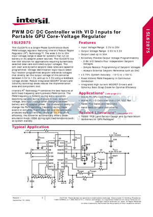 ISL62875HRUZ-T datasheet - PWM DC/DC Controller with VID Inputs for Portable GPU Core-Voltage Regulator