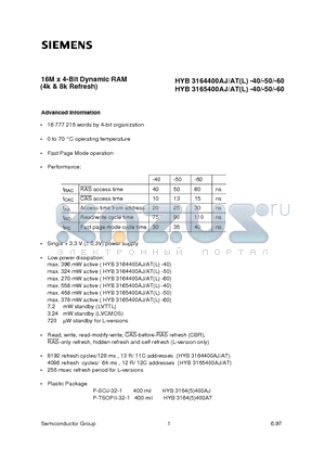 HYB3164400AT-40 datasheet - 16M x 4-Bit Dynamic RAM