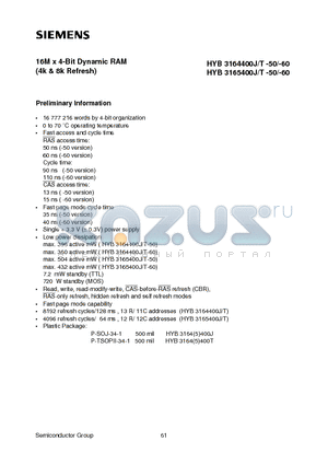 HYB3164400J-60 datasheet - 16M x 4-Bit Dynamic RAM