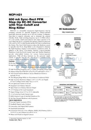 NCP1421 datasheet - 600 mA Sync-Rect PFM Step-Up DC-DC Converter Step-Up DC-DC Converter with True-Cutoff and Ring-Killer