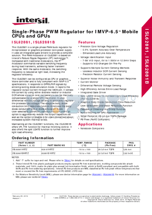 ISL62881HRTZ datasheet - Single-Phase PWM Regulator for IMVP-6.5 Mobile CPUs and GPUs