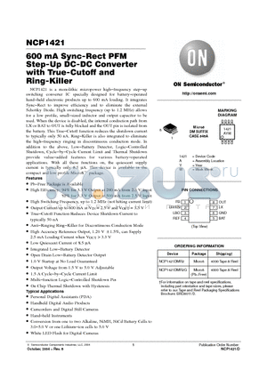 NCP1421DMR2 datasheet - 600 mA Sync-Rect PFM Step-Up DC-DC Converter Step-Up DC-DC Converter with True-Cutoff and Ring-Killer