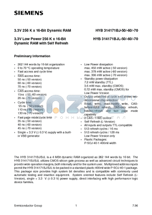 HYB314171BJL-70 datasheet - 3.3V 256 K x 16-Bit Dynamic RAM 3.3V Low Power 256 K x 16-Bit Dynamic RAM with Self Refresh