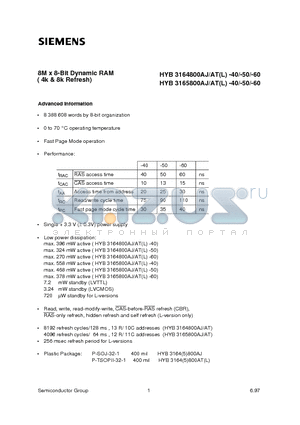 HYB3164800AJ datasheet - 8M x 8-Bit Dynamic RAM