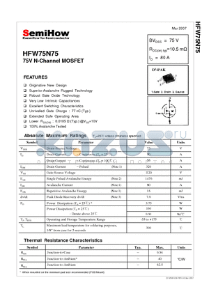 HFW75N75 datasheet - 75V N-Channel MOSFET