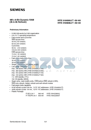 HYB3164800J datasheet - 8M x 8-Bit Dynamic RAM