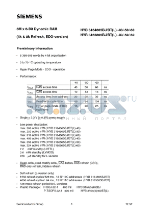 HYB3164805BJ datasheet - 8M x 8-Bit Dynamic RAM