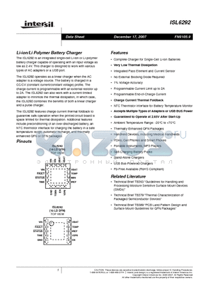 ISL6292-1CR4 datasheet - Li-ion/Li Polymer Battery Charger