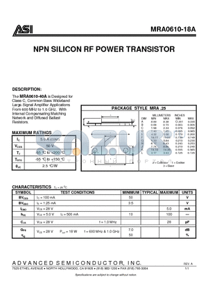 MRA0610-18A datasheet - NPN SILICON RF POWER TRANSISTOR