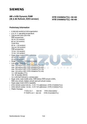 HYB3164805J datasheet - 8M x 8-Bit Dynamic RAM