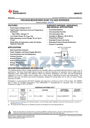 LM4040C25MDBZTEP datasheet - PRECISION MICROPOWER SHUNT VOLTAGE REFERENCE