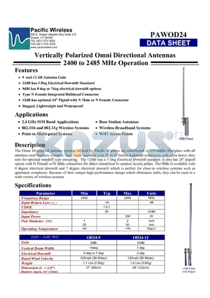 PAWOD24 datasheet - Vertically Polarized Omni Directional Antennas