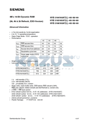 HYB3165165ATL-50 datasheet - 4M x 16-Bit Dynamic RAM