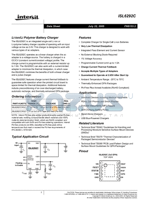 ISL6292C datasheet - Li-ion/Li Polymer Battery Charger